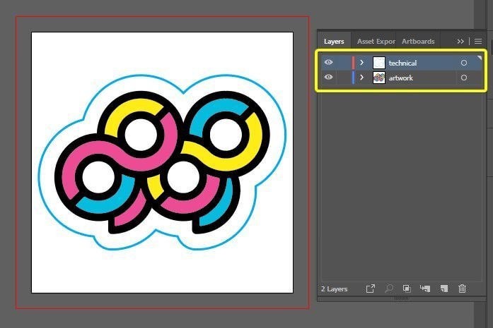 เปลี่ยนชื่อเลเยอร์ปัจจุบันไปเป็น “Technical” และเปลี่ยนชื่อเลเยอร์แรกไปเป็น “artwork” เพื่อให้โรงพิมพ์ของคุณรู้ว่าส่วนไหนคืออะไร