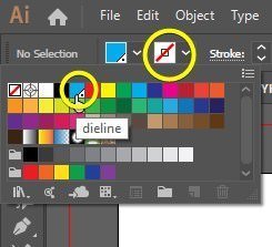 เปลี่ยนสีเส้นขอบ (Stroke Color) ปัจจุบันไปเป็นสีใหม่ที่คุณเพิ่งสร้าง (“Dieline”) และเปลี่ยนสีพื้นรูป (Fill Color) ไปเป็น “None”