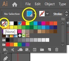 เปลี่ยนสีเส้นขอบ (Stroke Color) ปัจจุบันไปเป็นสีใหม่ที่คุณเพิ่งสร้าง (“Dieline”) และเปลี่ยนสีพื้นรูป (Fill Color) ไปเป็น “None”